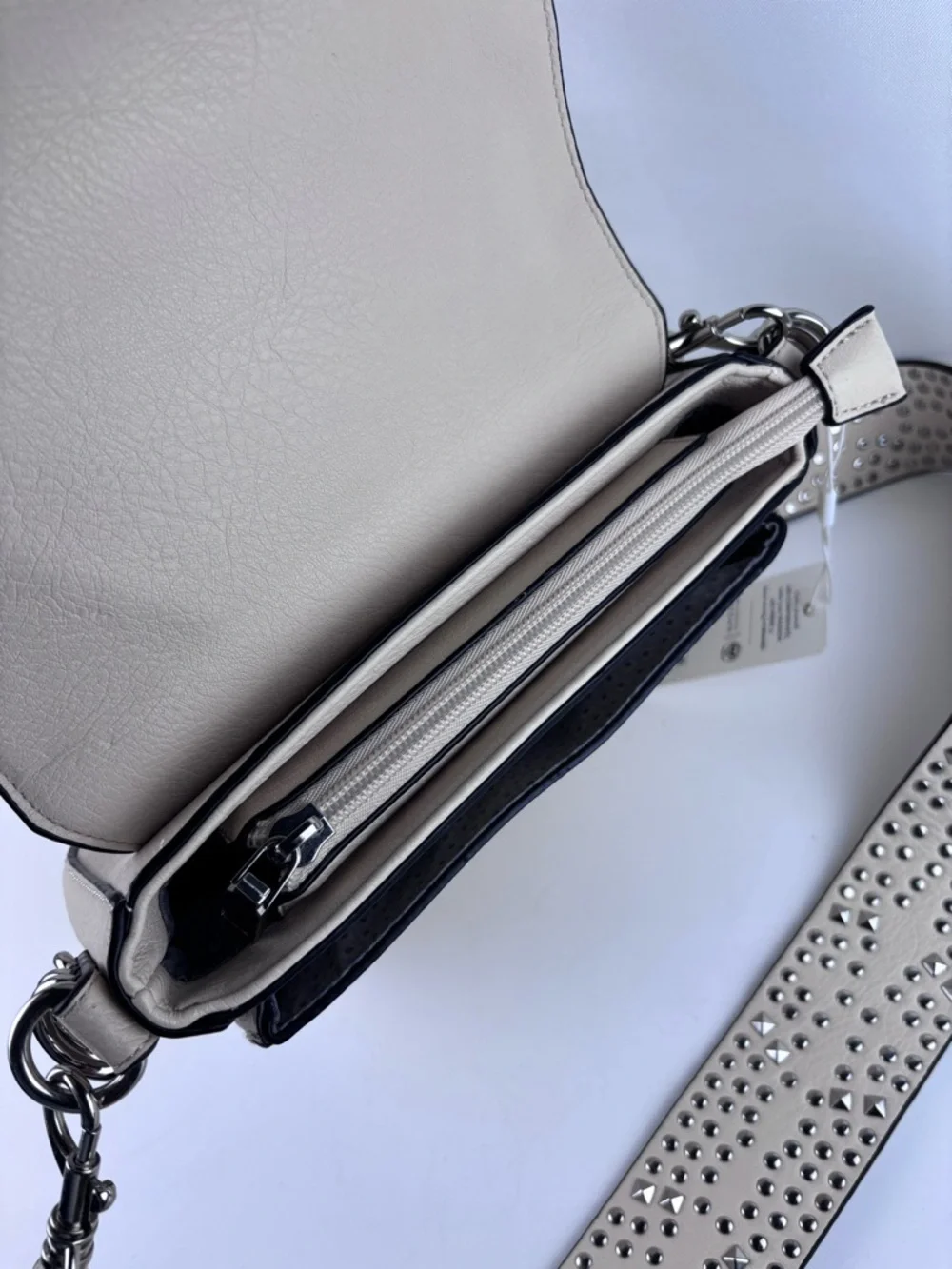 Urban Expressions Vegan Leather Saddle Bag - Studded Crossbody Strap Cream/Ivory - Picture 7 of 12